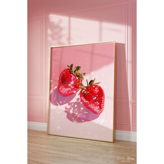 Pink Disco Strawberries Art Print, Trendy Retro Kitchen Wall Decor, 8x12 Inch, UNFRAMED