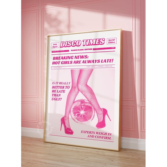 Pink Disco Times Newspaper Poster Retro Magazine Cover , Poster Print Only