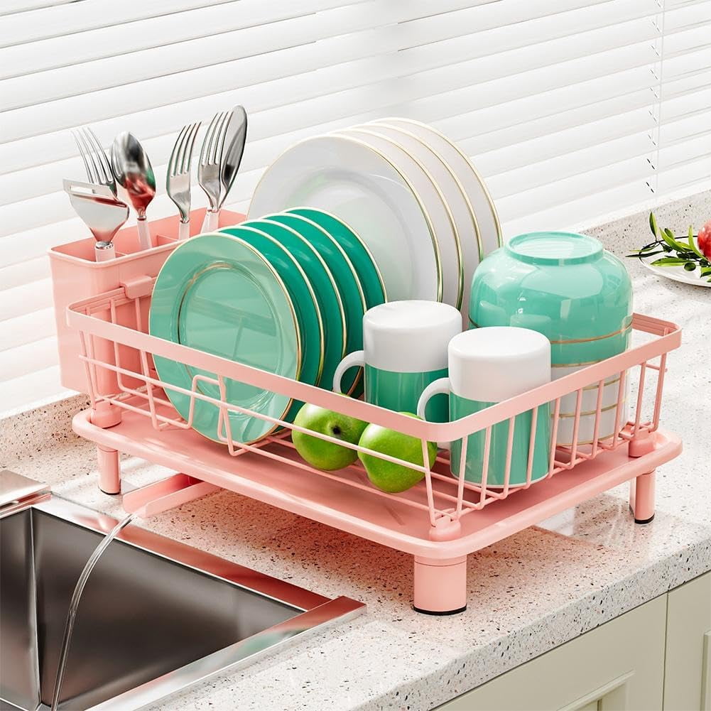 Stack Rack Drip Tray Pink Dish Drying Rack, Dish Drainer Rack with Drip Tray, Sink Dish ...