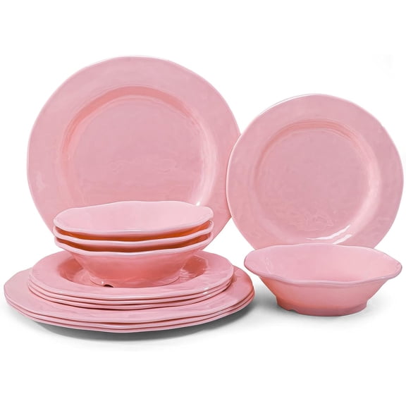 Pink Dishes Melamine Dinnerware Sets, 12 Piece Kitchen Plates and Bowls Dinnerware Sets, Lightweight, BPA free Melamine Dishes for Girls, Valentine's Day, Mother's Day.