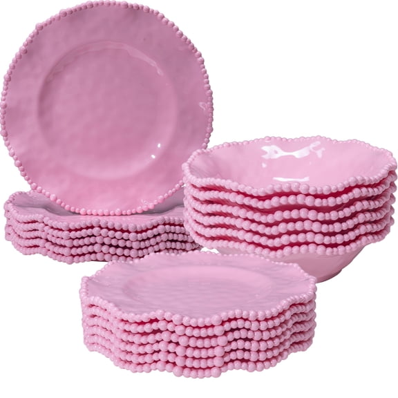 Pink Dishes Melamine Dinnerware Sets, 18 Piece Kitchen Plates and Bowls tableware Set, Lightweight, Beaded Serving Dishes for Girls, Valentine's Day, Mother's Day. Service for 6