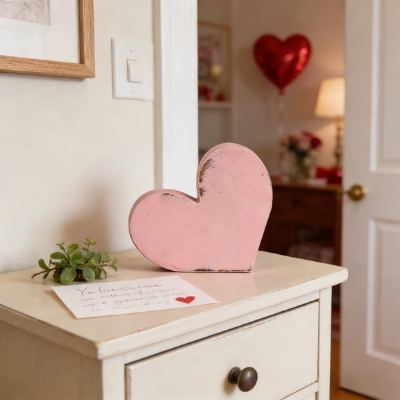 Pink Distressed Wooden Heart Decor - Rustic Tiered Tray Tabletop Decoration, Handmade Wood Heart Ornament, Perfect Gift for Anniversary & Valentine's Day Celebrations, 1pc