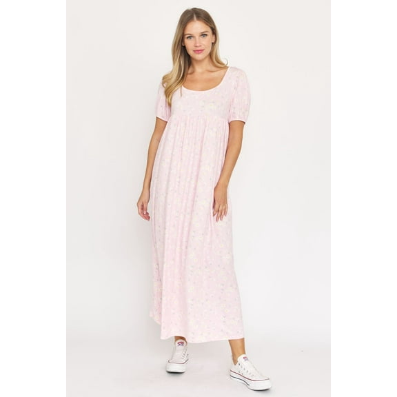 Pink Ditsy Floral Puff Sleeve Empire Waist Maxi Dress_Plus