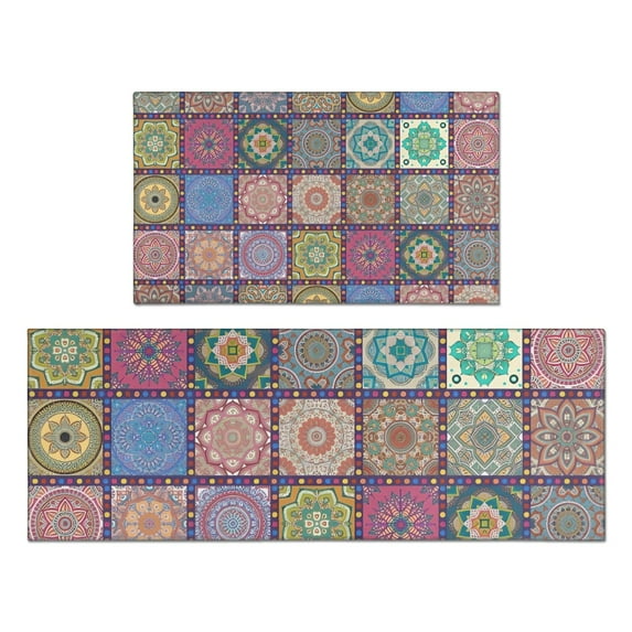Pink Diverse Mandala Pattern Kitchen Rugs Sets Of 2,Anti Fatigue Kitchen Mat Rugs Non Slip Washable,Decorative Kitchen Floor Mats for Kitchen,Sink,Laundry,17"x30"+17"x47"