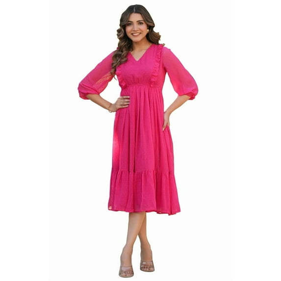 Pink Dobby Chiffon Self Design Fit & Flare Dress