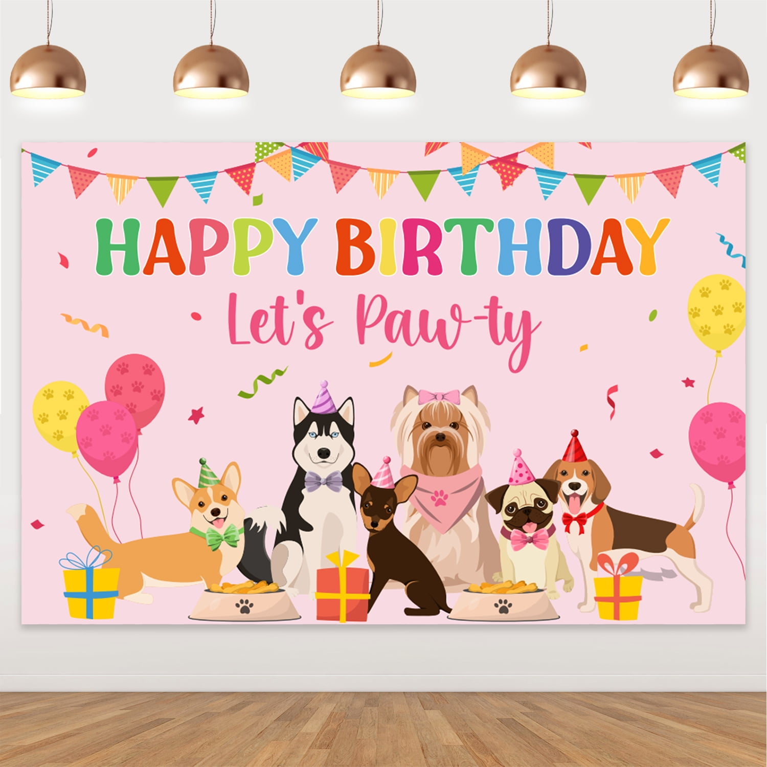 Pink Dog Birthday Decorations Girls, Lets Pawty Backdrop,Dog Paw Bone Balloons for Woof Bday Party Supplies