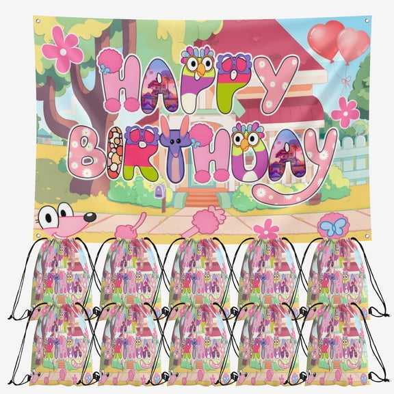 Pink Dog Birthday Party Supplies,20 Pieces Pink Dog Candy Drawstring Bag Include Backdrop 7x5FT, Drawstring Goodie Favor Bags for Birthday Party Decorations(10.6 x 13.3 Inch)
