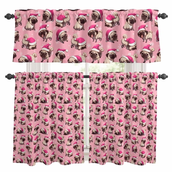 Pink Dog Christmas Kitchen Curtains Sets for Windows 24 Inch Length, Xmas Snowflake Rod Pocket Window Treatments Tier Curtains and Valances Set for Bedroom/Bathroom