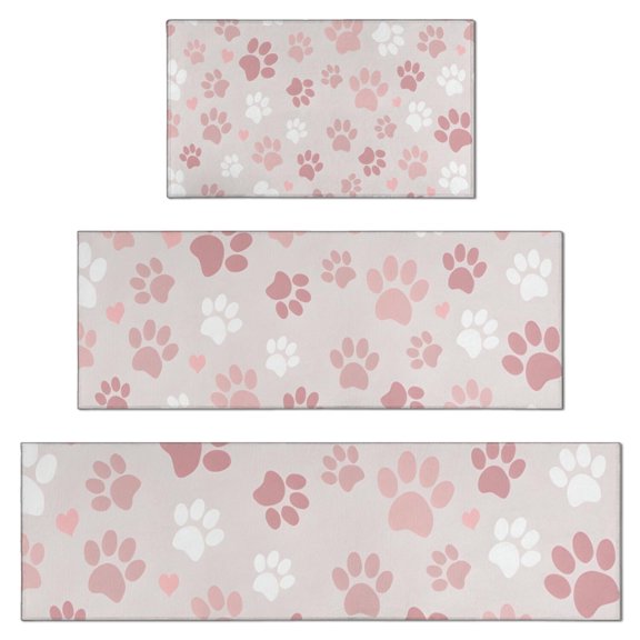 Pink Dog Paw Kitchen Rugs Sets Of 3,Kitchen Runner Rugs Non Skid Washable,Decorative Kitchen Floor Mats for Kitchen,Sink,Laundry,17"x30"+ 17"x47" + 17"x59"