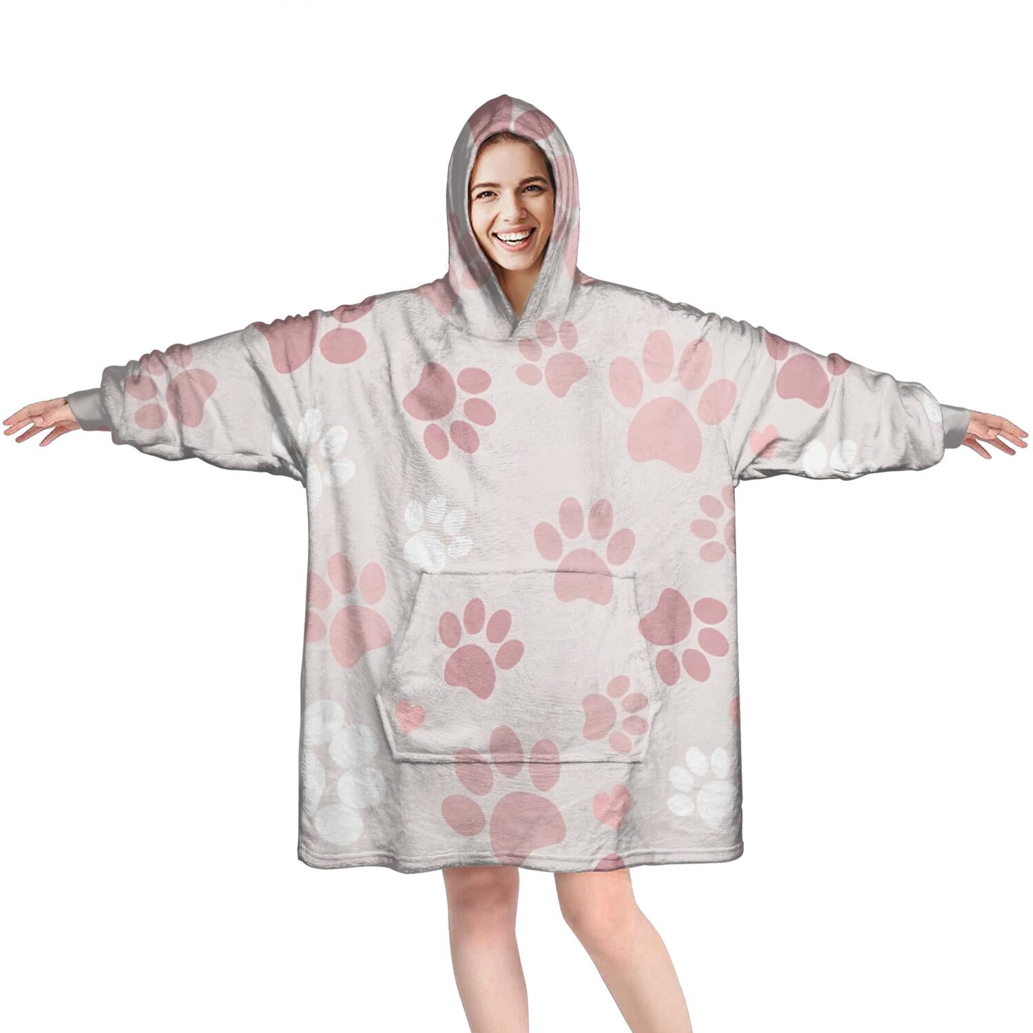 Pink Dog Paw Wearable Oversized Blanket,Wearable Blanket Hoodie for Adults,Cozy Hooded Blankets with Super Pockets,Super Warm Fuzzy Pullover for Women & Men