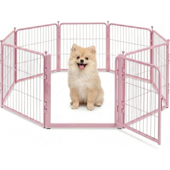 Pink Dog Playpen for Small Dogs & Puppies - 24 Inch Metal Pet Fence Indoor Outdoor with Door, Foldable Exercise Pen, Portable Rabbit Enclosure for Camping, RV, Yard (8 Panels)