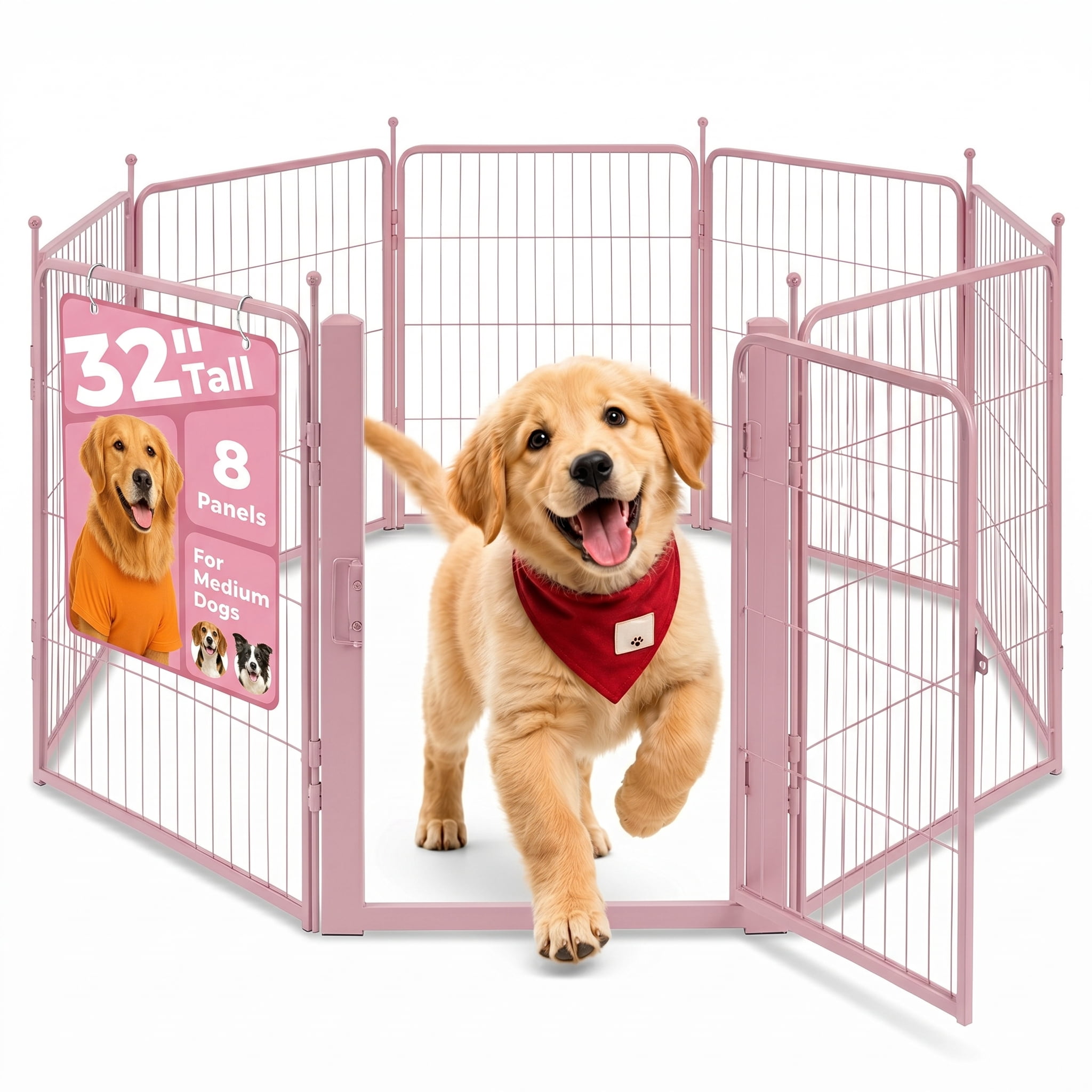 Pink Dog Playpen for Small/Medium Dogs - 32 inch 8 Panels Heavy Duty Metal Puppy Fence Outdoor Indoor with Door, Anti-Rust Foldable Puppy Pen Pet Enclosure, Portable Exercise Kennel for Camping, Yard