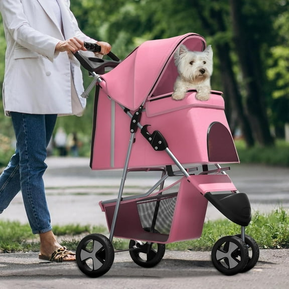 Pink Dog Stroller for Medium Dogs 30 lbs Pet Stroller for Small Dogs Cat Strollers for 2 Cats, 3 Wheels Foldable Jogger Puppy Stroller with Storage Basket and Cup Holder, Pink