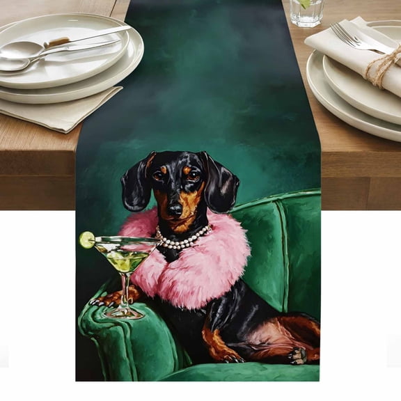 Pink Dog Table Runner Vintage Funny Animals Green Sofa Tablerunners 13 x 36 Inch, Table Decorations Tabletop Scarf for Summer Gathering Holiday Farmhouse Kitchen Dining Decor