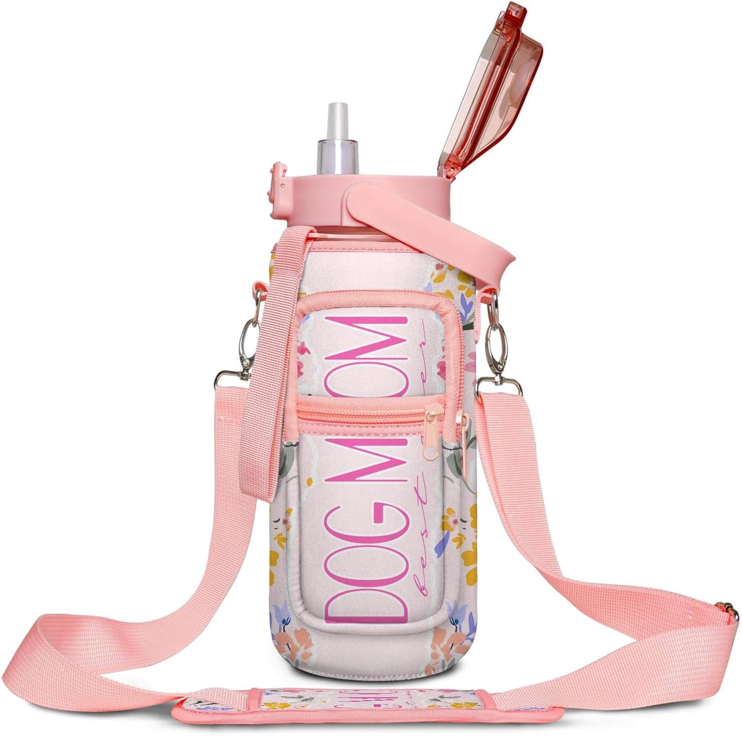 Pink Dog mom Half Gallon Water Bottle with Sleeve - BPA Free Water Bottle 64 OZ - Leakproof Water Jug with Time Marker - Motivational Workout Water Bottle for Office Gym Outdoor Hiking Travel
