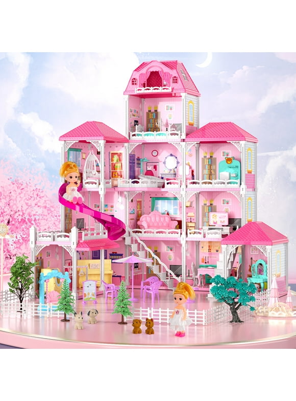 Pink Doll House Diy Kit Pretend Play Building Home Educational Toys for Girls Children for Girls Boys Age 3+