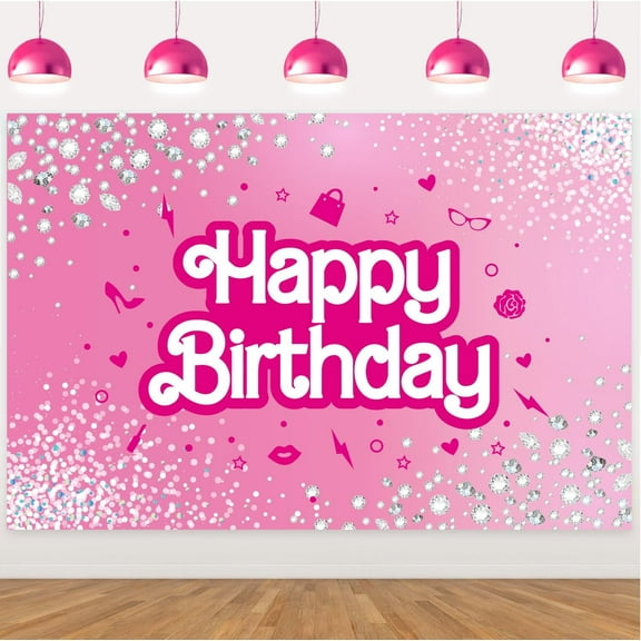 Pink Doll Themed Happy Birthday Backdrop Hot Pink Flash Birthday Party Decorations Banner Lip High Heel Photograph Background for Women Princess Girl Sweet 16 18th 21st Birthday Party Supplies 5x3ft