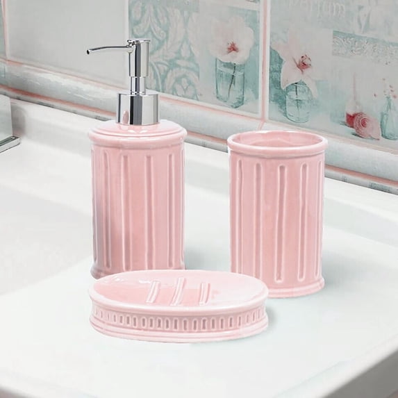 Pink Dolomite Bathroom Accessories Set - Soap Dispenser, Soap Dish & Tumbler - N/A