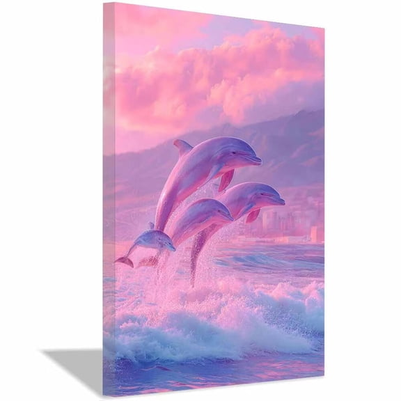 Pink Dolphin Family Ocean Canvas Wall Art,Sunset Coastal Prints Painting,Whimsical Marine Life Wall Decor for Living Room Bedroom Office Home Decor,Framed Ready to Hang-12"L x 8"W
