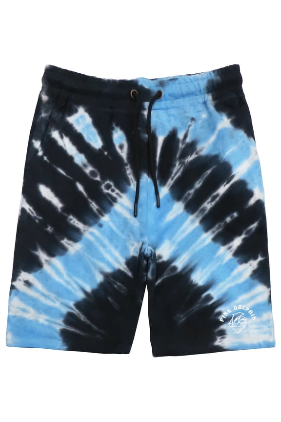 Men's Tie Dye Waves Script Logo Fleece Sweat Shorts (Large, Blue)