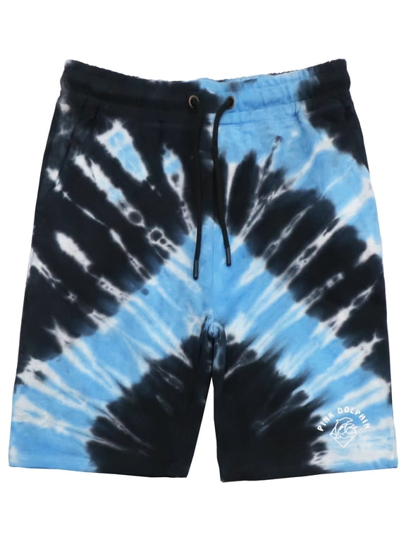 Men's Tie Dye Waves Script Logo Fleece Sweat Shorts (Large, Blue)
