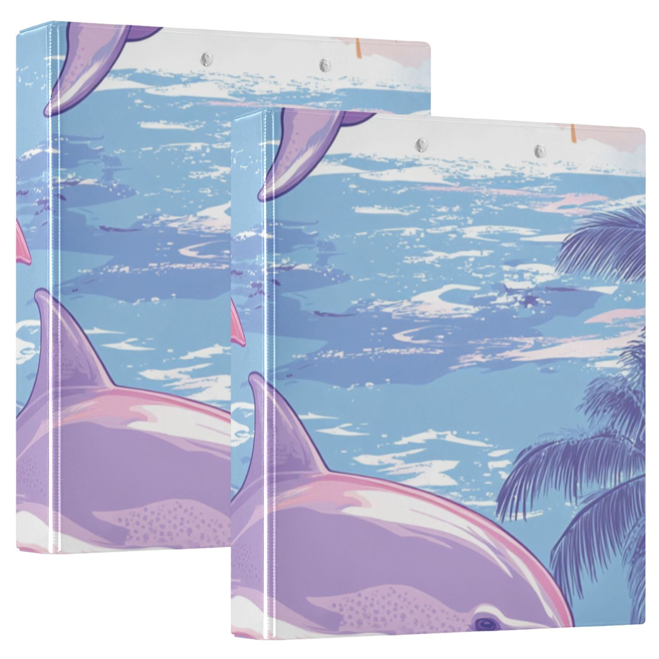 Pink Dolphins Sun Trees 3 Ring Binders 1.5 inch Hardcover File Folders with Interior Pockets A4 Size Organizer for School Office Hospital