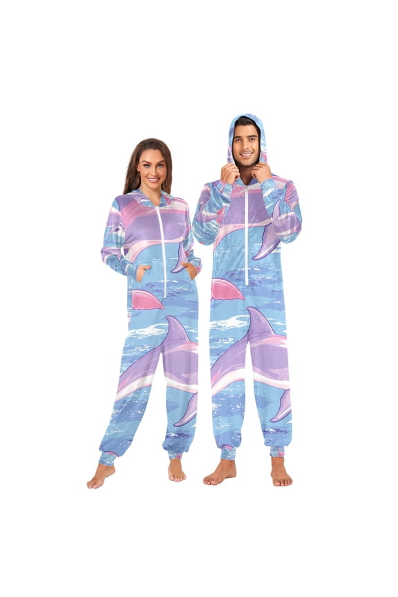 Pink Dolphins Sun Trees Adult Onesie Pajamas Slim Fit Christmas One Piece Suit Pjs for Women and Men Hooded Zipper