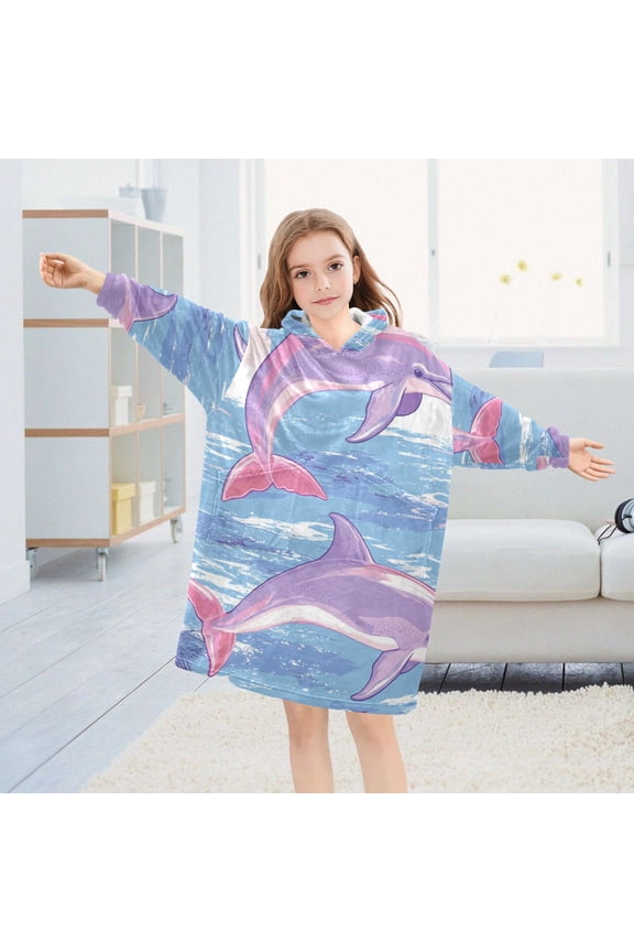 Pink Dolphins Sun Trees Oversized Wearable Blanket Hoodie Sweatshirt Flannel for Unisex Girls Boys