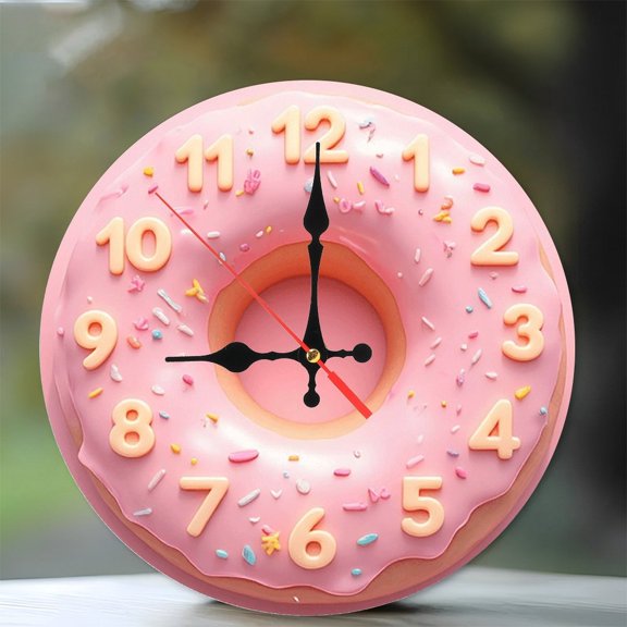 Pink Donut Clock Wall Decor 10-Inch Silent Wooden Wall Clock, Battery Operated (AA Batteries Not Included), Artistic Home Decor