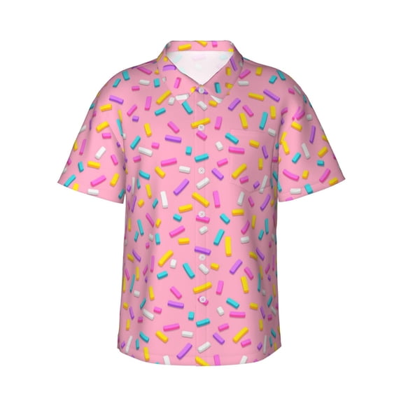 Pink Donut Glazes Sprinkles Hawaiian Shirts For Men, Summer Short-Sleeve Relaxed-Fit Button-Down Shirts Medium