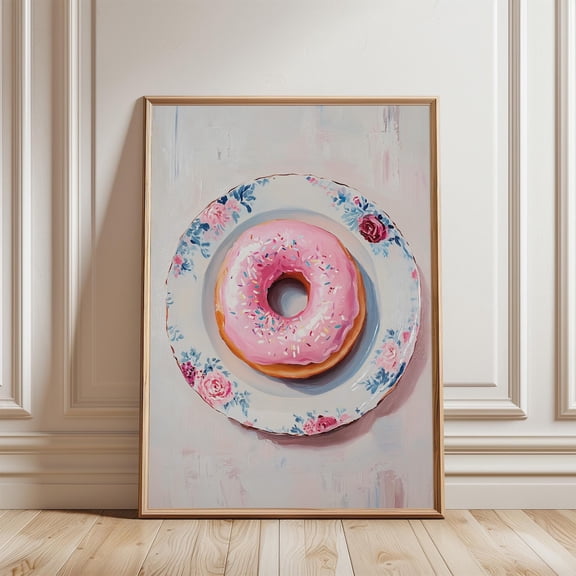 Pink Donut Kitchen Print Grandmillennial Retro Food Art Modern Wall Decor, Stretched Canvas 8x10in