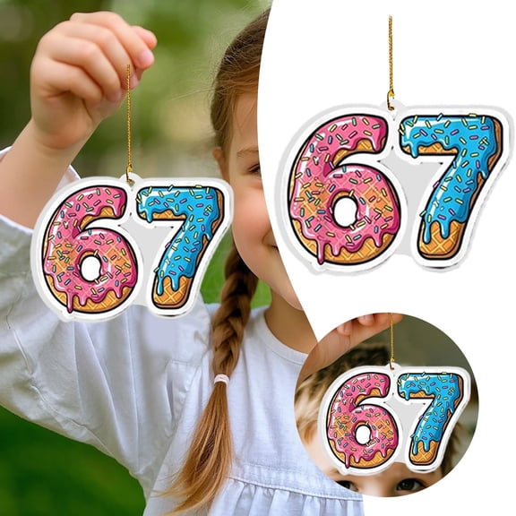 Pink Donut Number 67 Ornament, 3.15 Inch Acrylic Melting Sprinkles Glaze Pendant, Cute Sweet Food 67th Birthday Decoration, Funny Novelty Car Mirror Charm Gift for Women Mom Friends