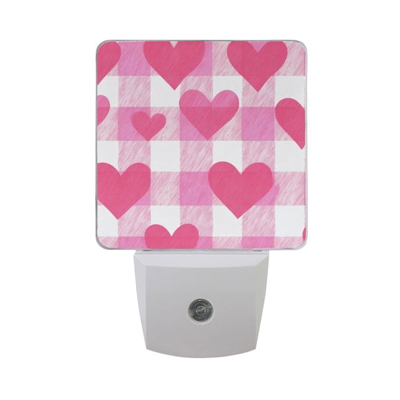 Pink Doodle Plaids with Valentine Hearts LED Night Light Sensor Lamp Plug-in Adjustable Brightness 2 Pack