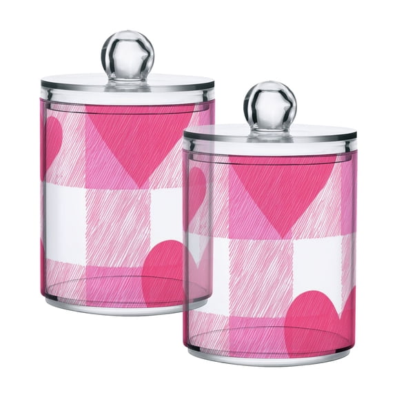 Pink Doodle Plaids with Valentine Hearts Translucent Plastic Cans Storage Canisters with Lid Set of 2