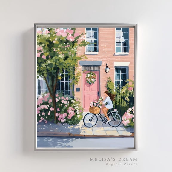 Pink Door Bicycle Art Whimsical Spring Garden Scene Decor Unframed Paper Print