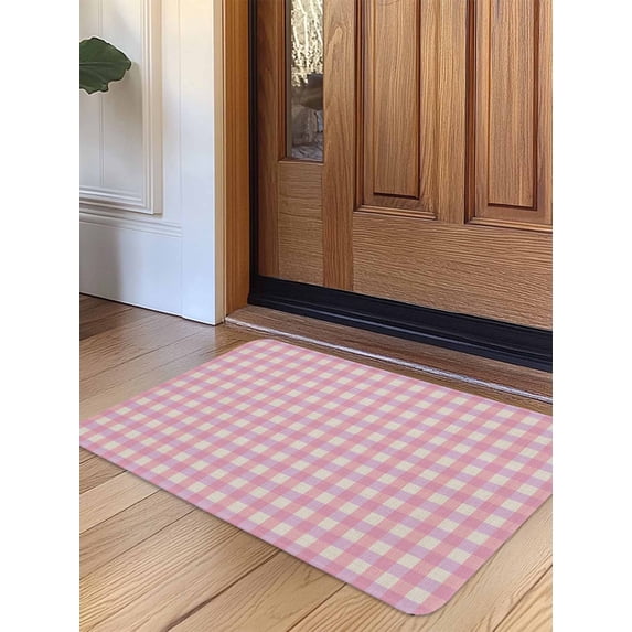 Pink Door Mat Indoor Outdoor Entrance, Non Slip Small Rug for Kitchen Bathroom Entryway Rug, Grid Checkered Plaid Gingham Lattice Trellis Washable Doormat Floor Mat 16x24 Inch