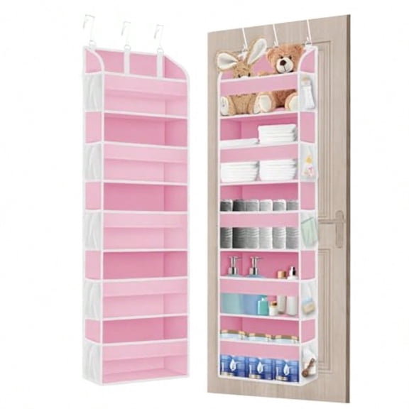 Pink Over the Door Organizer - 5-Tier Hanging Storage with Clear PVC Windows and 10 Mesh Pockets Cute Closet Organizer for Makeup Perfume Toys Perfect Pink Room Decor for Girl