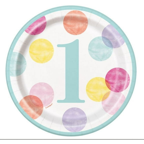 Pink Dots 1st Birthday Round 7" Dessert Plates, 8ct