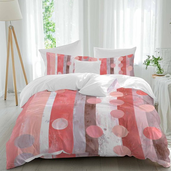 Pink Dots Comforter Set Queen Size, Modern Watercolor Pink Red Dots Stripes Soft Bedding Set for Man Woman, 4 Pieces Duvet Cover Set with Fitted Sheet, 2 Pillowcases