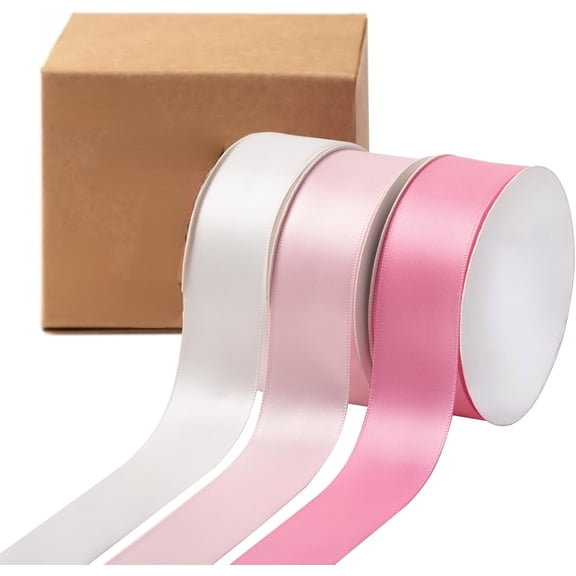 Pink Double Face Satin Ribbon 1 Inch x 45 Yards White Fabric Ribbon for Gift Wrapping, Flower Bouquets, Hair Bows Making, Wedding Decoration, Invitation Cards, Valentine's Day (3 Rolls *15Yd)