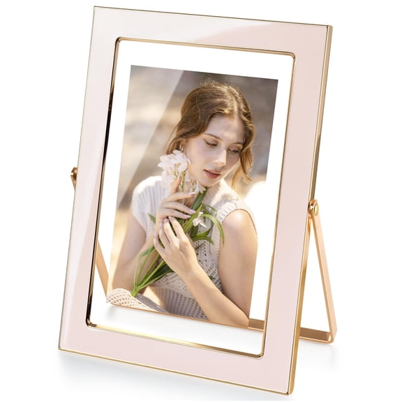 Pink Double Glass Floating 4x6 Photo Frame, Sleek Pink Enamel with Gold Metal Edge, Fits 4x6, 3.5x5 & 2x3 Photos, Elegant Vertical Desktop/Shelf Decor for Study, Bedside, Office, Living Room