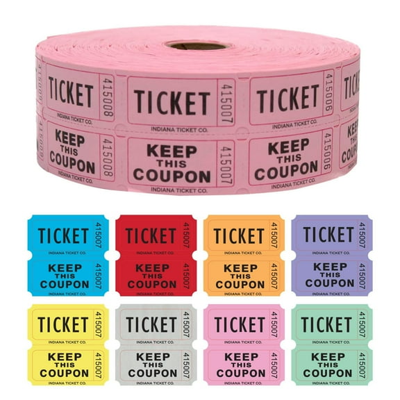 INDIANA TICKET CO. Double Roll Raffle Tickets  1,000 Pink, Perfect for Events, Fundraiser, Carnival, Fair, Door Prize, Drink/Food Ticket, Classroom Reward, Bingo, Auction, 50/50 Cash Draw.