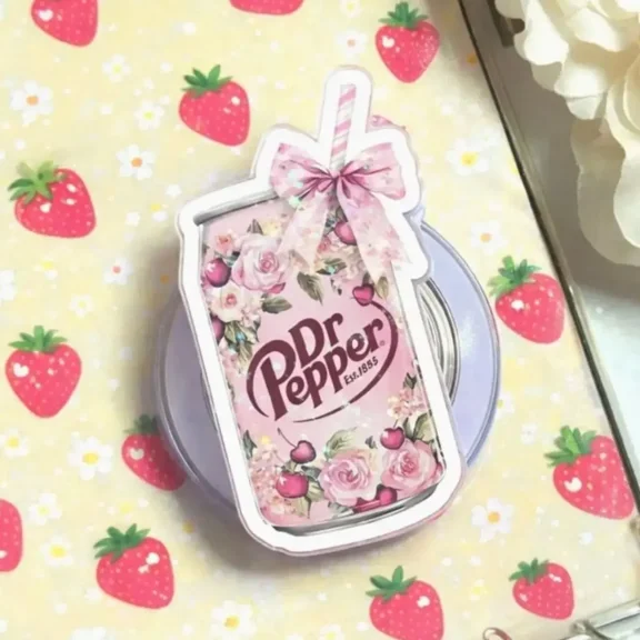 Pink Dr Floral Soda Pepper MagSafe Phone Grip: Cute Coquette Aesthetic Magnetic Phone Holder, Girly Soda Lover Gift, Phone or Popgrip
