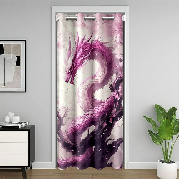 Pink Dragon Door Cover Curtain for Bedroom,Watercolor Cherry Blossom Romantic Floral Doorway Curtain, Japanese Style Mystic Ancient Animal 84"x42" Window Treatment Adults