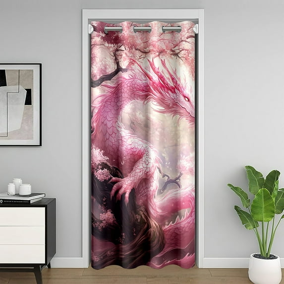 Pink Dragon Door Cover Curtain, Western Wild Animal Mystic Floral Doorway Curtain for Living Room Decor, Japanese Style Cherry Blossom Romantic 80"x52" Door Drape Adults