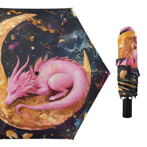 Pink Dragon Sleeping on Moon All Weather Umbrella Triple Folding Parasol 6 Ribs UV Protection Portable