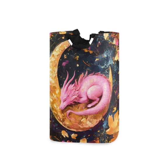 Pink Dragon Sleeping on Moon Laundry Basket with Handles Foldable Laundry Hamper Freestanding Washing Bin 50L