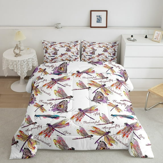 Pink Dragonfly Bedding Twin Watercolor Butterfly Comforter Set, Beautiful Fly Love Print Bedding Comforter Sets Tie Dyed Animal Duvet Insert, Chic Wildlife Down Comforter White Bedroom Decorations