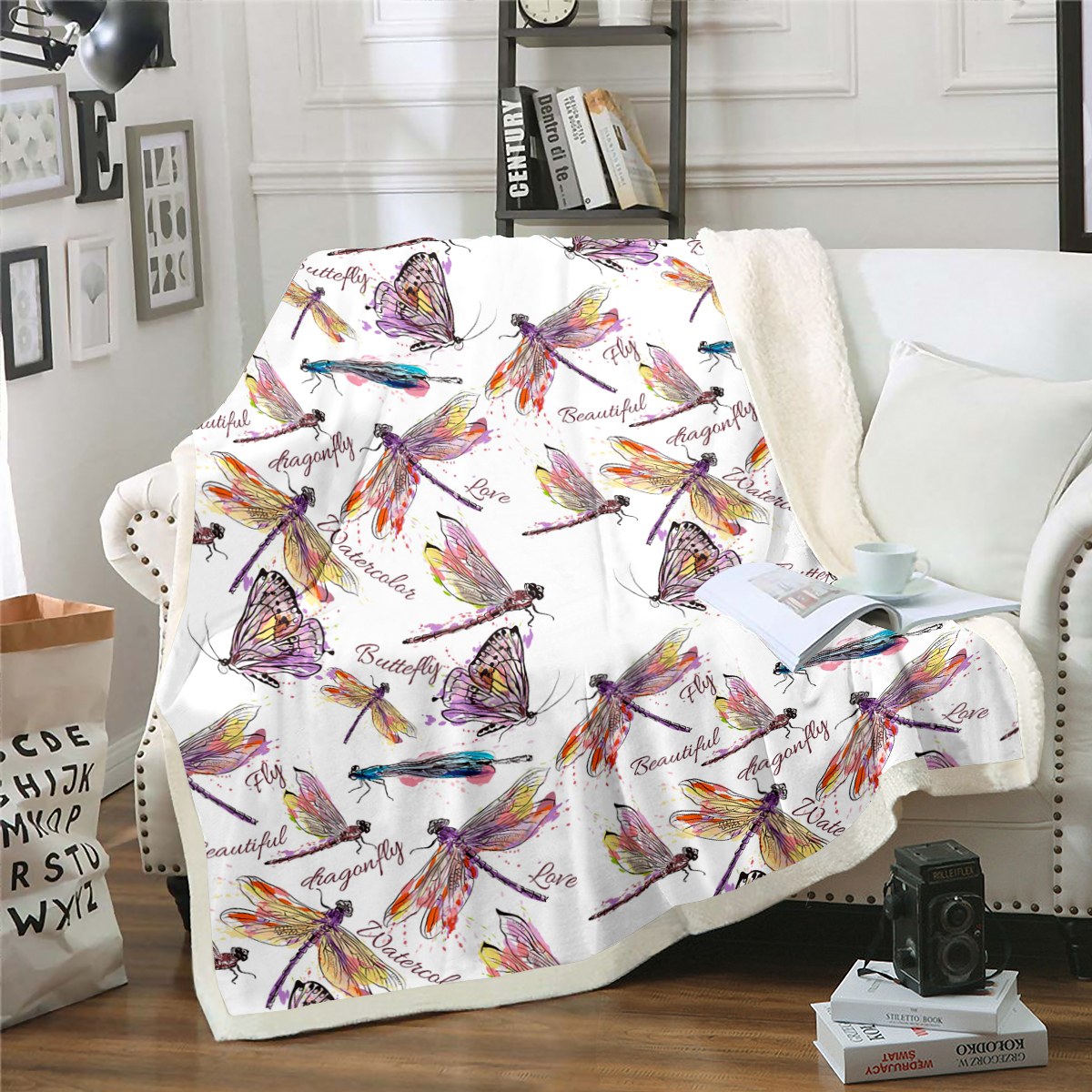 Pink Dragonfly Fleece Blanket Watercolor Butterfly Sherpa Blanket, Beautiful Fly Love Print