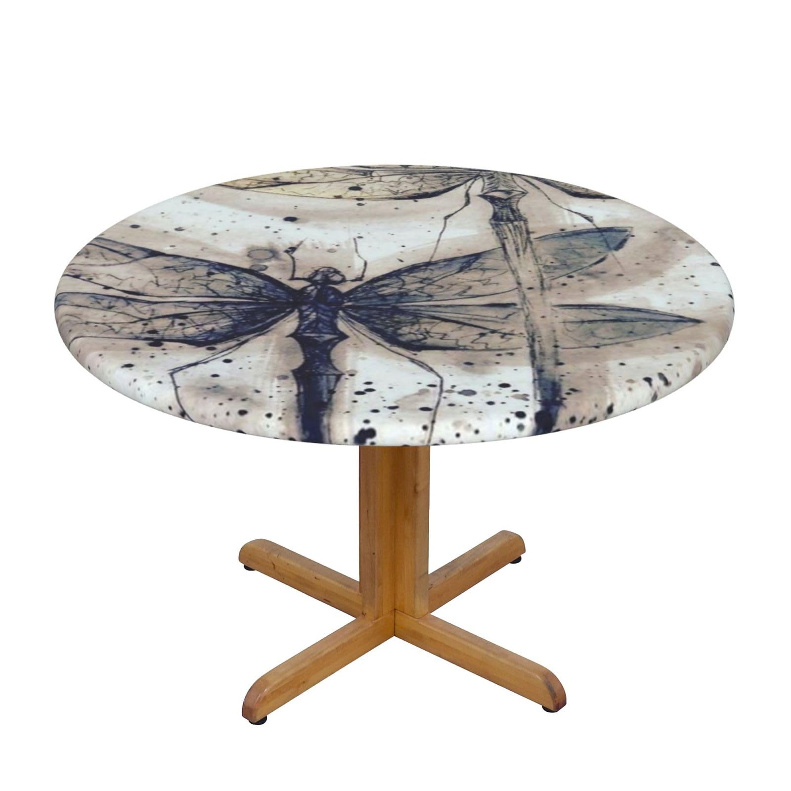 Pink Dragonfly Tablecloth Round Fitted Tablecloth Elastic Table Cover